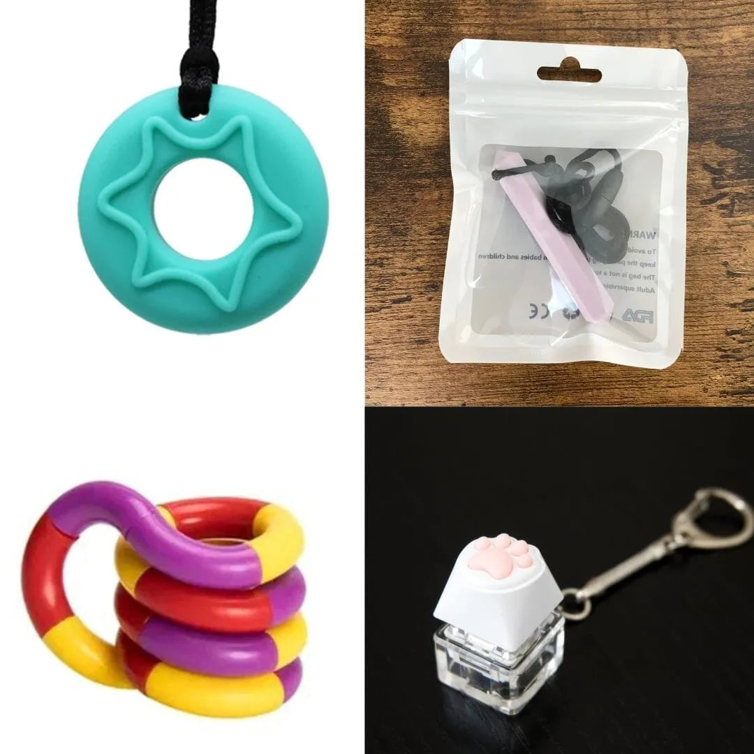 2 Chew Necklaces + 2 Fidget Toys Bundle (choose your colors) Aquamarine Light Purple Purple red yellow