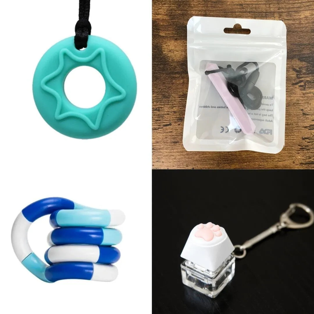 2 Chew Necklaces + 2 Fidget Toys Bundle (choose your colors) Aquamarine Light Purple Blue white deep blue