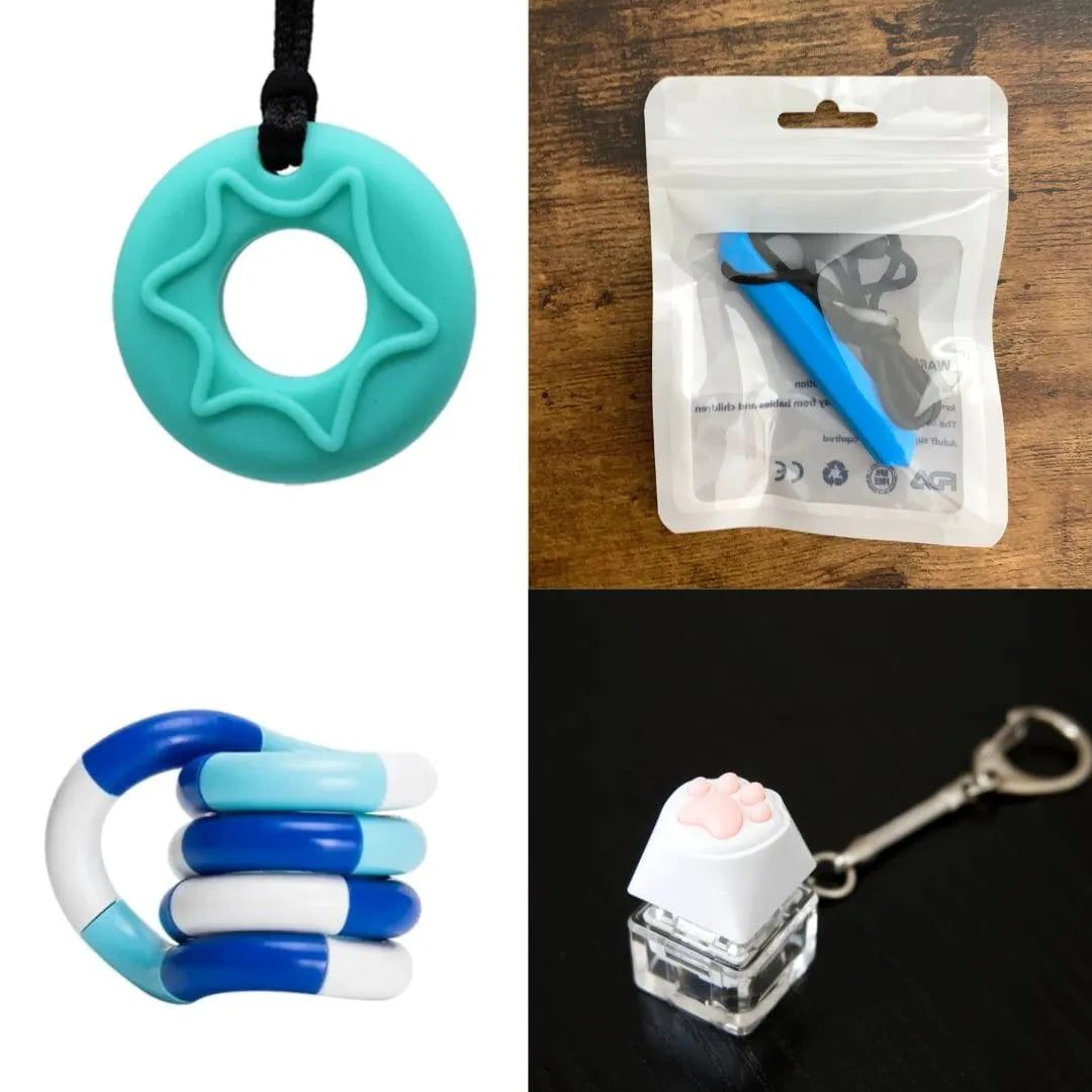 2 Chew Necklaces + 2 Fidget Toys Bundle (choose your colors) Aquamarine Blue Blue white deep blue