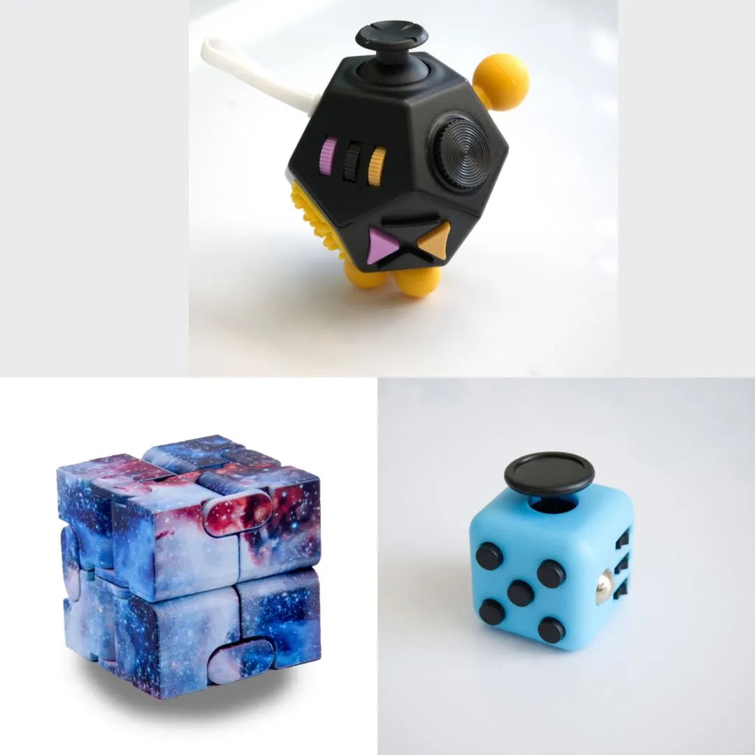 3 Fidgeting Cubes Bundle Galaxy Sky Blue Black & Yellow Multi Color