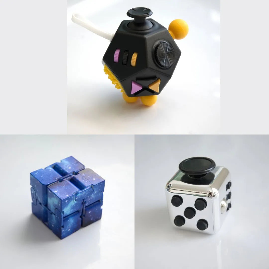 3 Fidgeting Cubes Bundle Blue Galaxy Metallic Silver Black & Yellow Multi Color