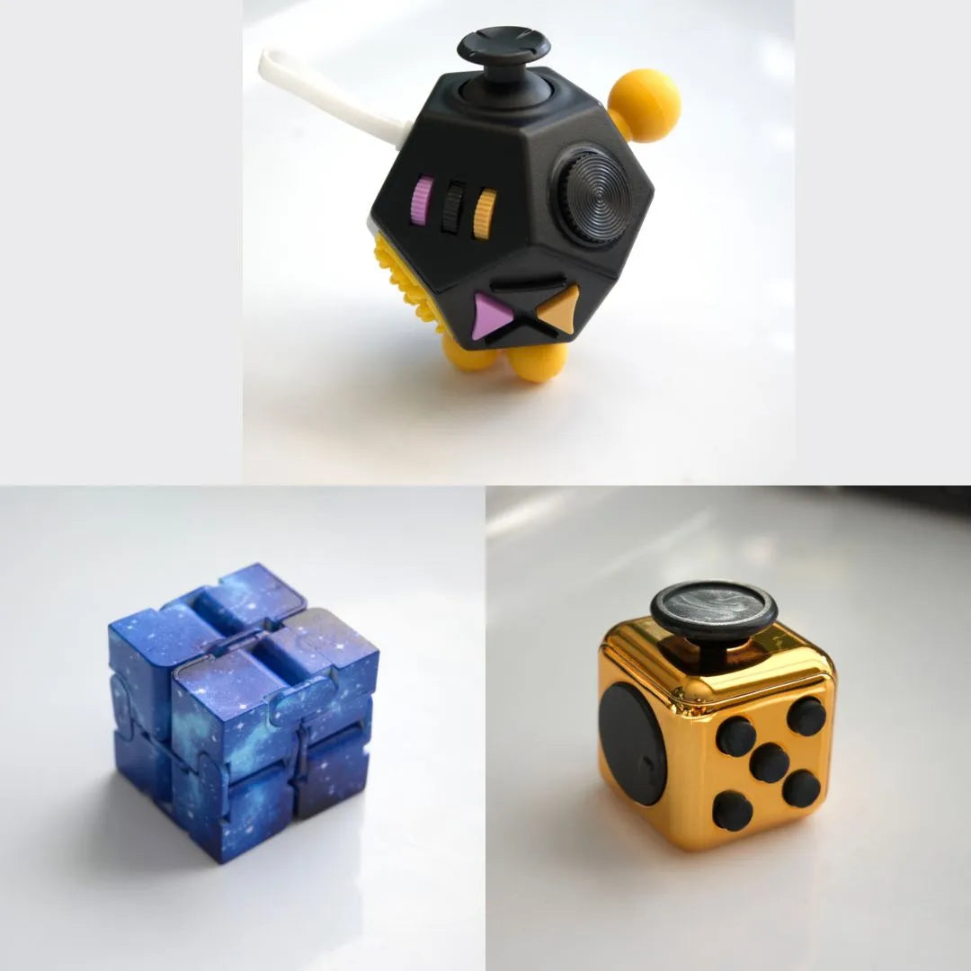 3 Fidgeting Cubes Bundle Blue Galaxy Copper Black & Yellow Multi Color