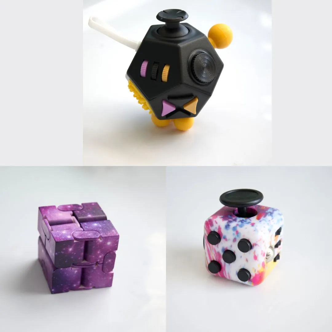 3 Fidgeting Cubes Bundle Purple Galaxy Paint Splatter Black & Yellow Multi Color