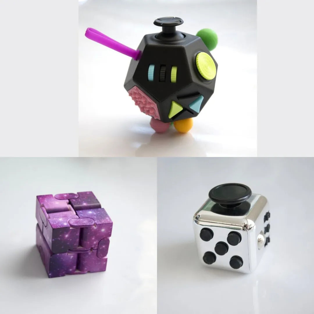 3 Fidgeting Cubes Bundle Purple Galaxy Metallic Silver Multi Colored
