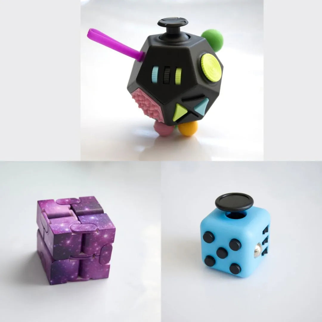 3 Fidgeting Cubes Bundle Purple Galaxy Sky Blue Multi Colored