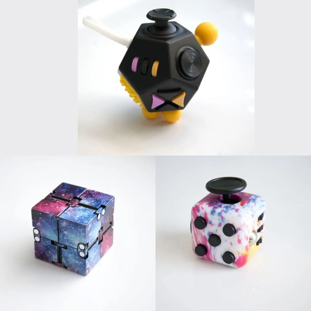 3 Fidgeting Cubes Bundle Galaxy (Weighted) Paint Splatter Black & Yellow Multi Color