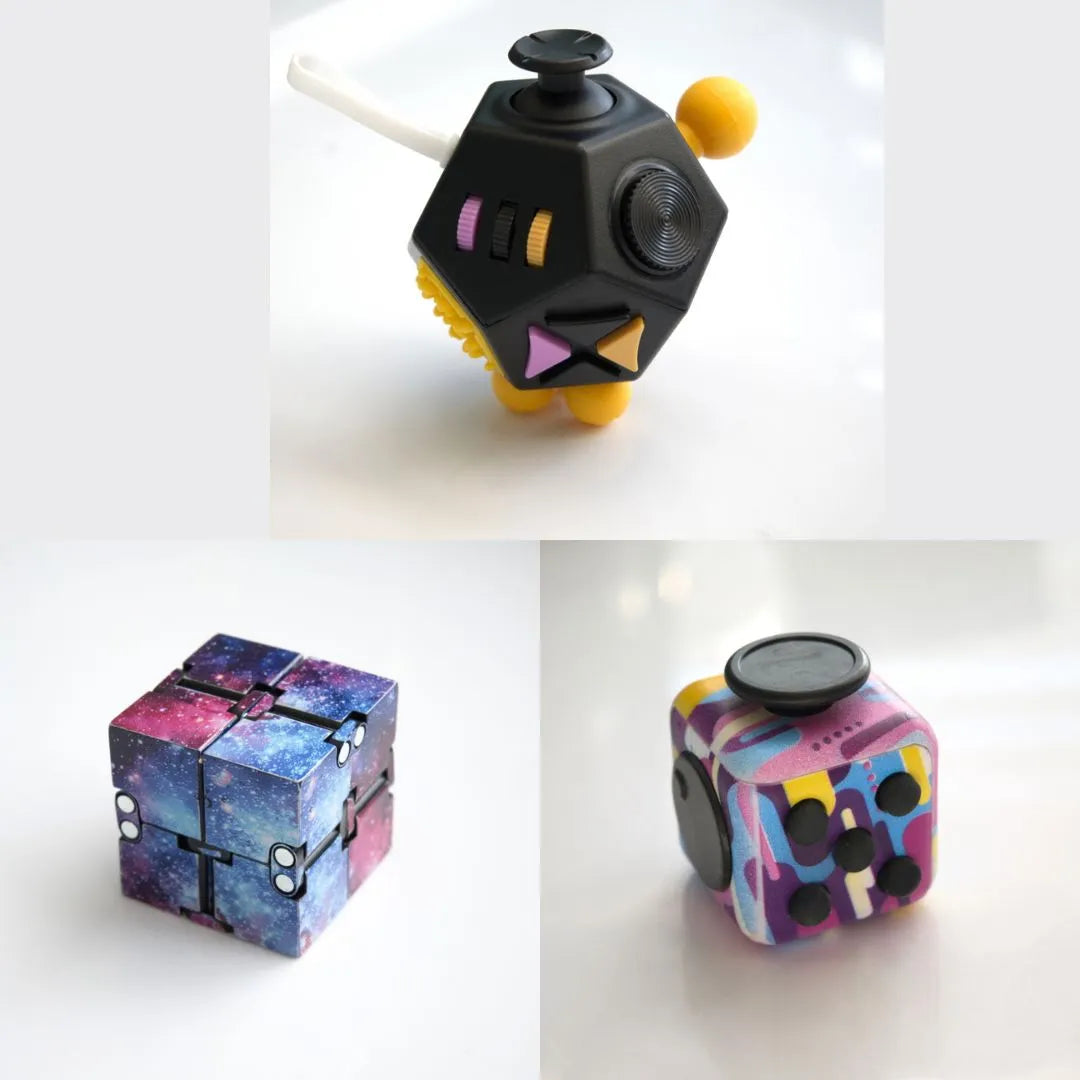 3 Fidgeting Cubes Bundle Galaxy (Weighted) 80’s Retro Black & Yellow Multi Color
