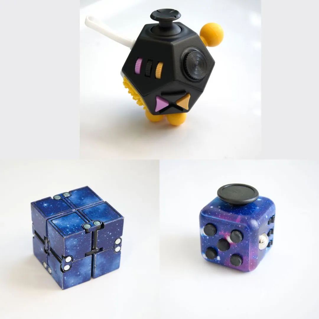 3 Fidgeting Cubes Bundle Blue (Weighted) Galaxy Black & Yellow Multi Color