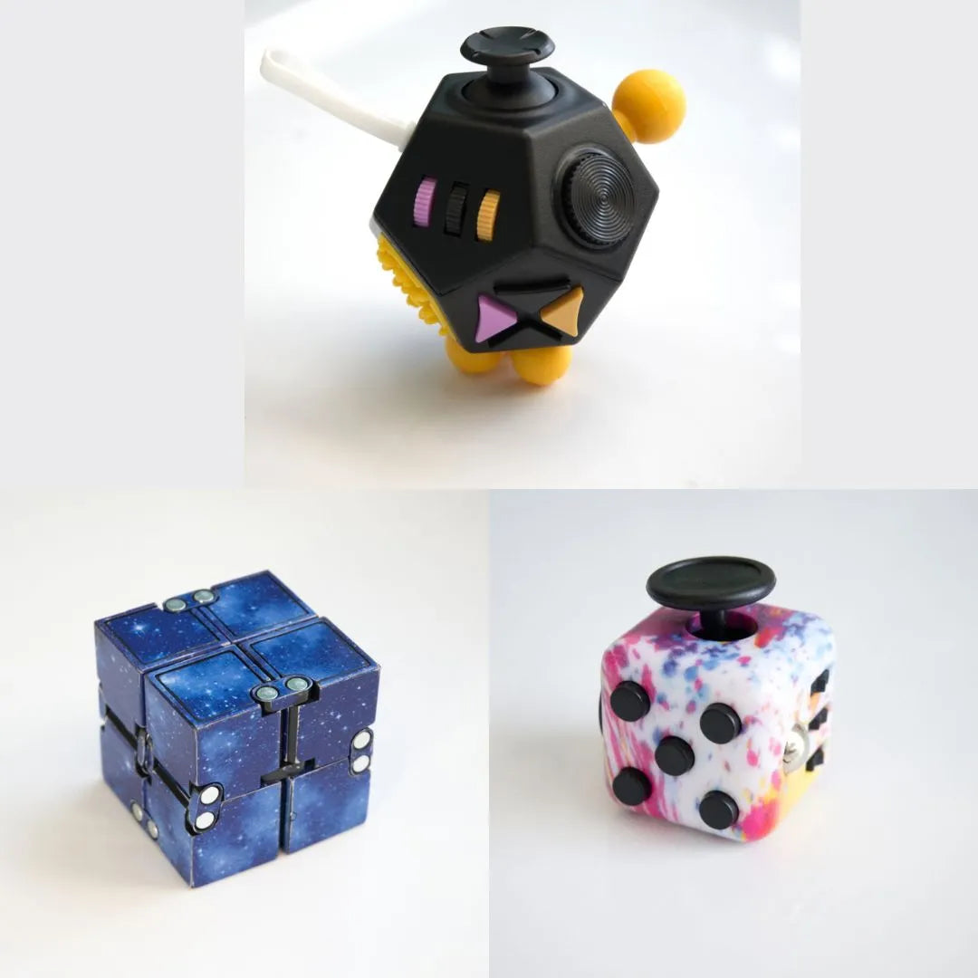 3 Fidgeting Cubes Bundle Blue (Weighted) Paint Splatter Black & Yellow Multi Color