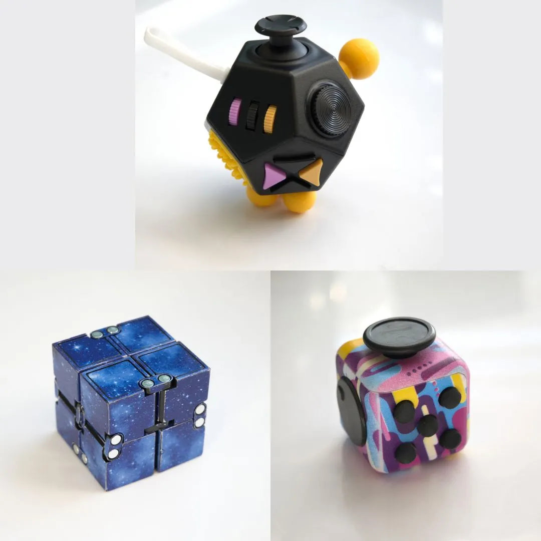 3 Fidgeting Cubes Bundle Blue (Weighted) 80’s Retro Black & Yellow Multi Color