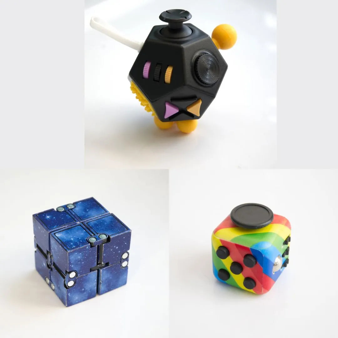 3 Fidgeting Cubes Bundle Blue (Weighted) Rainbow Black & Yellow Multi Color