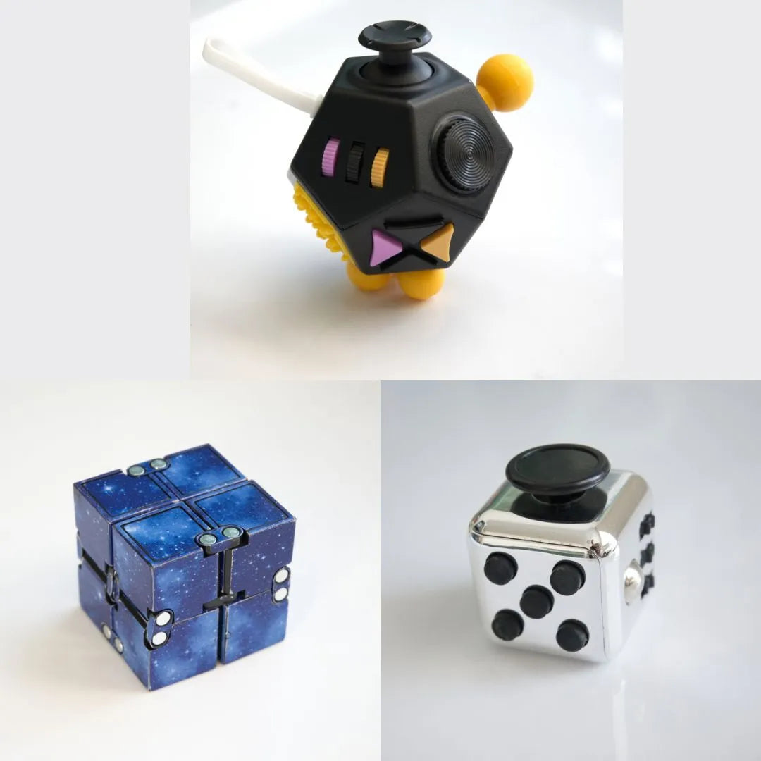 3 Fidgeting Cubes Bundle Blue (Weighted) Metallic Silver Black & Yellow Multi Color