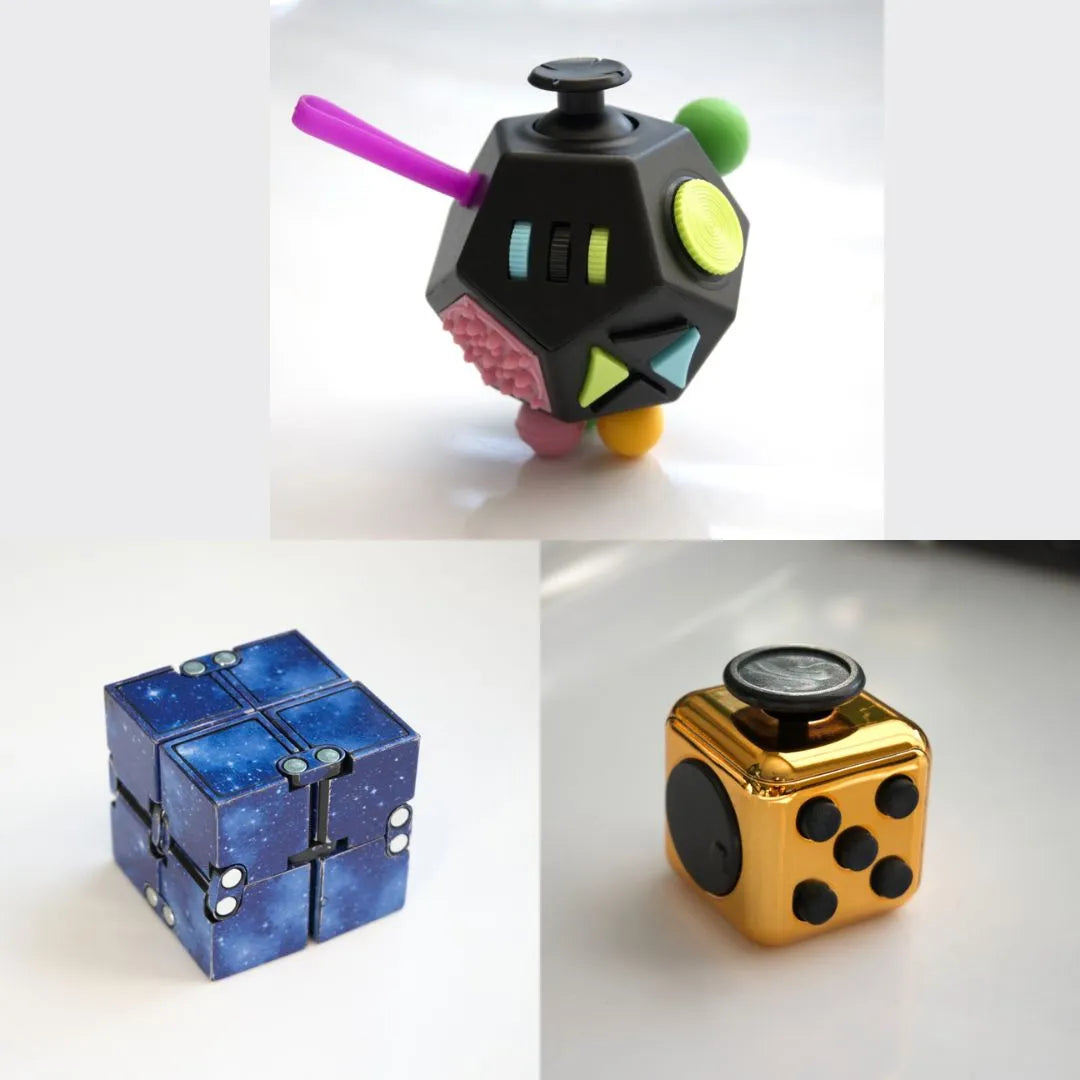 3 Fidgeting Cubes Bundle Blue (Weighted) Copper Multi Colored
