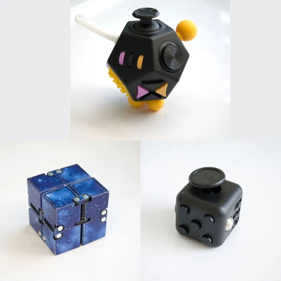 3 Fidgeting Cubes Bundle Blue (Weighted) All Black Black & Yellow Multi Color