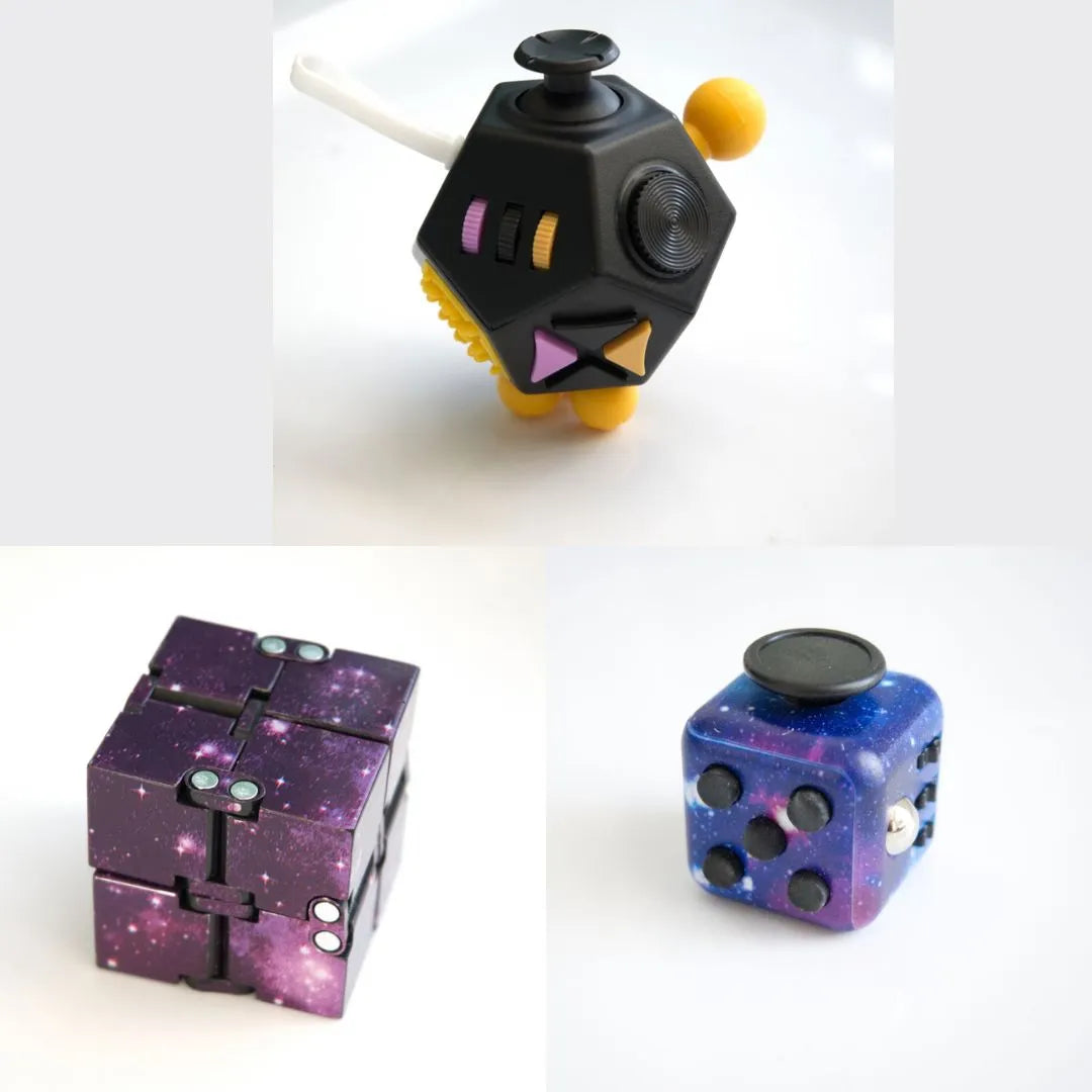3 Fidgeting Cubes Bundle Purple (Weighted) Galaxy Black & Yellow Multi Color