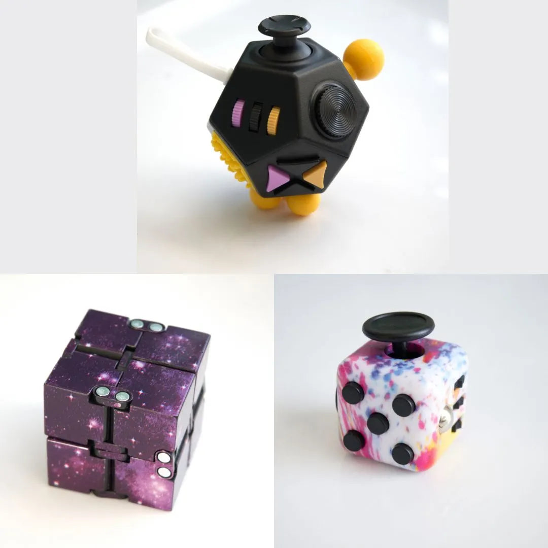 3 Fidgeting Cubes Bundle Purple (Weighted) Paint Splatter Black & Yellow Multi Color