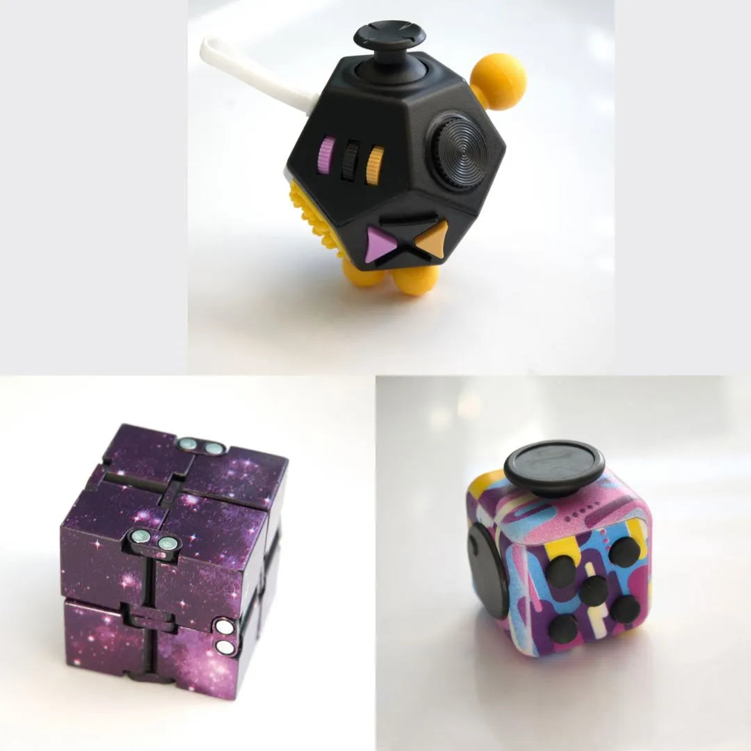 3 Fidgeting Cubes Bundle Purple (Weighted) 80’s Retro Black & Yellow Multi Color