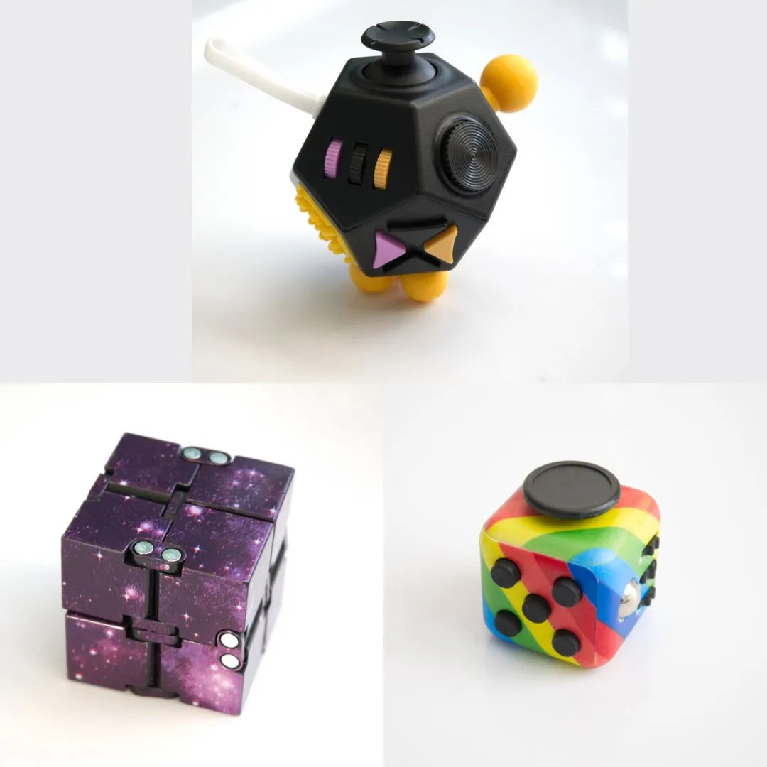 3 Fidgeting Cubes Bundle Purple (Weighted) Rainbow Black & Yellow Multi Color