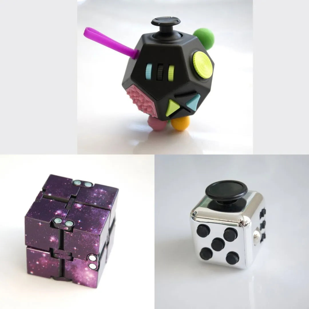 3 Fidgeting Cubes Bundle Purple (Weighted) Metallic Silver Multi Colored