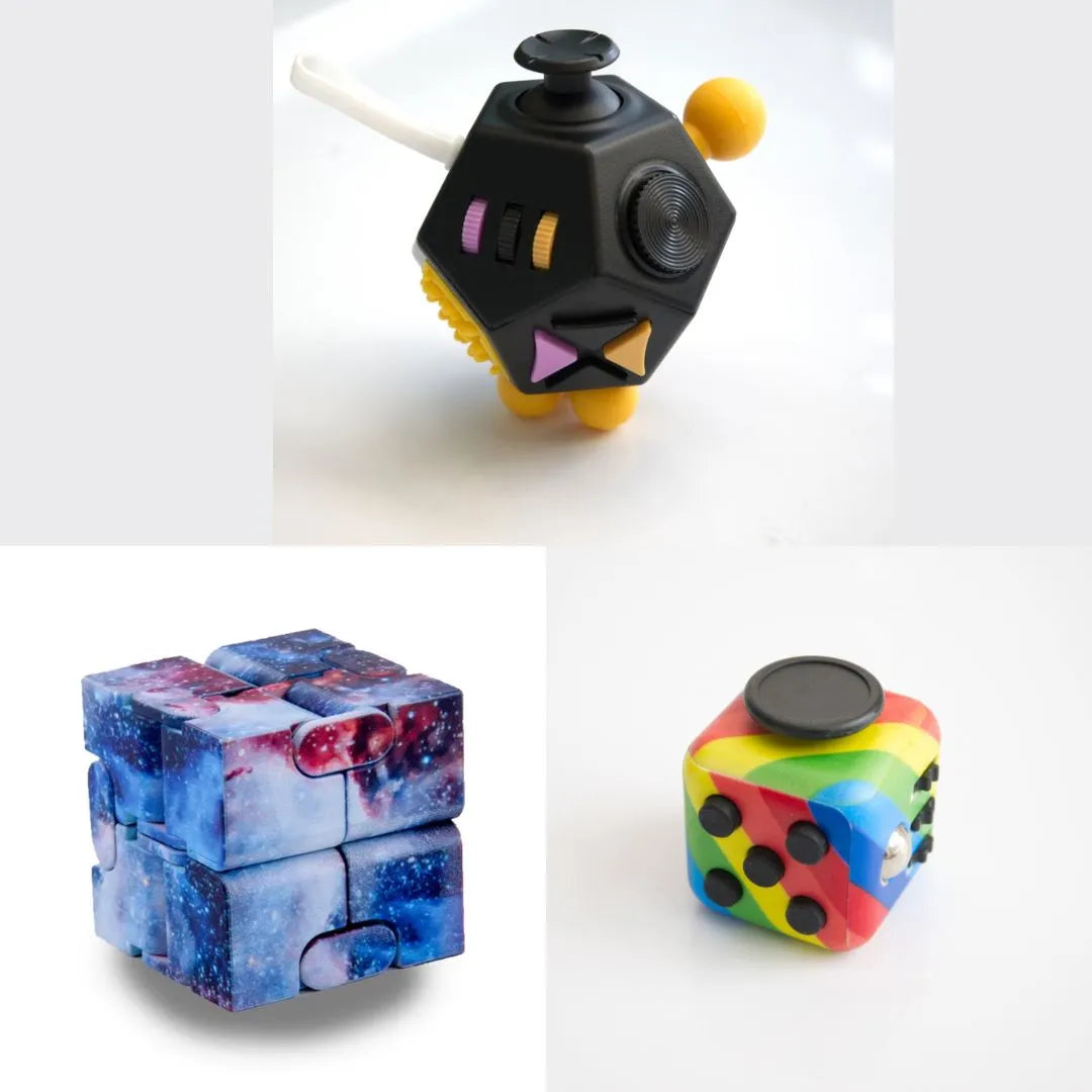 3 Fidgeting Cubes Bundle Galaxy Rainbow Black & Yellow Multi Color