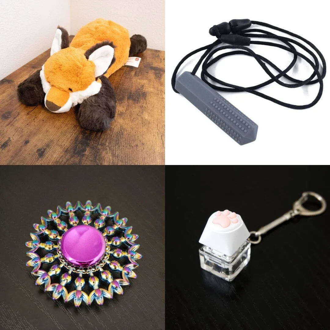 Fox Plush With Chewelry + Fidgets Bundle Grey Flower Mandala