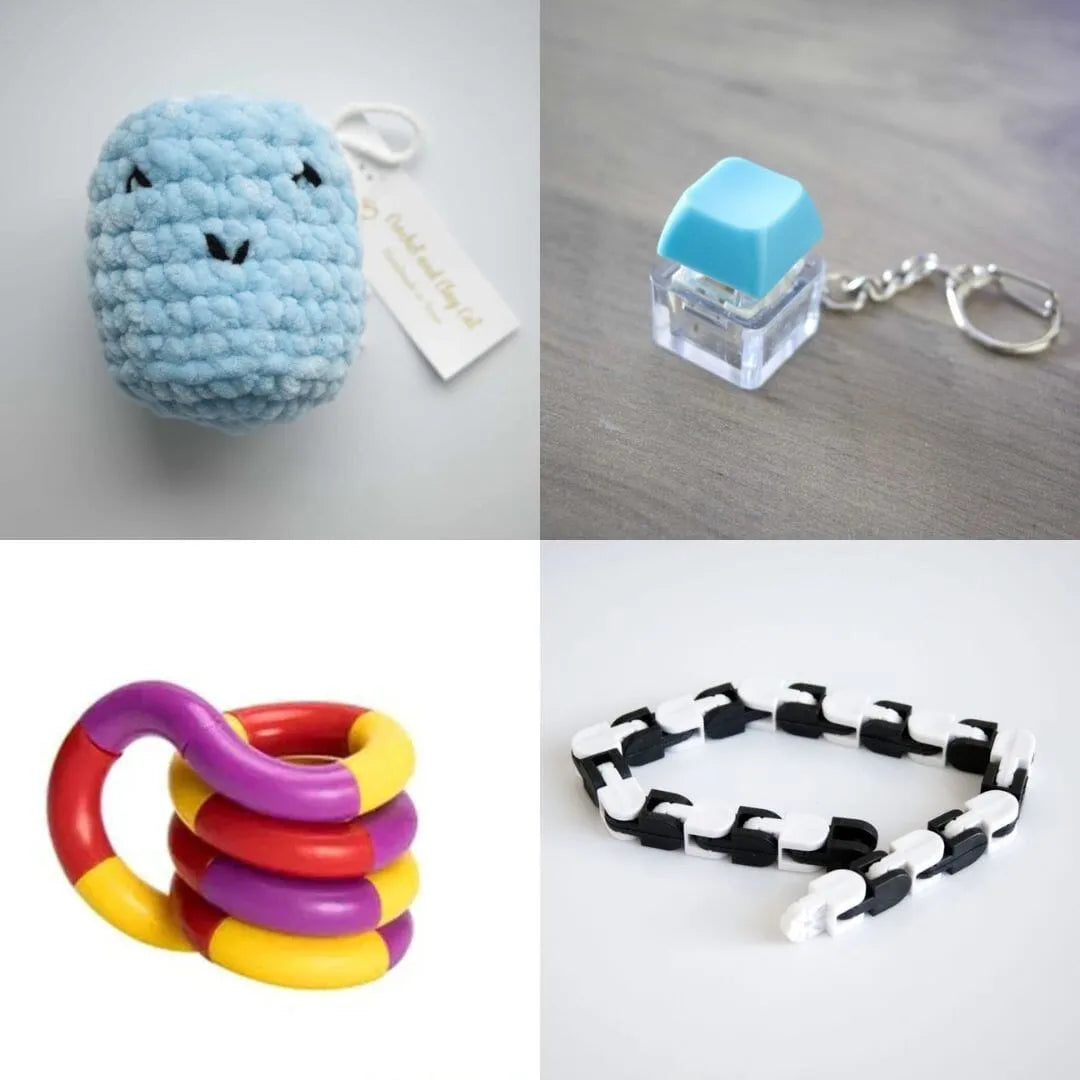 Stress Mallow by Crochet and Clay Cat + Fidgets Bundle Blue Turquoise Purple red yellow