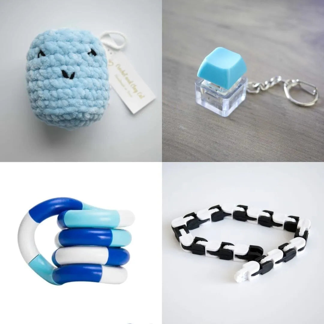 Stress Mallow by Crochet and Clay Cat + Fidgets Bundle Blue Turquoise Blue white deep blue