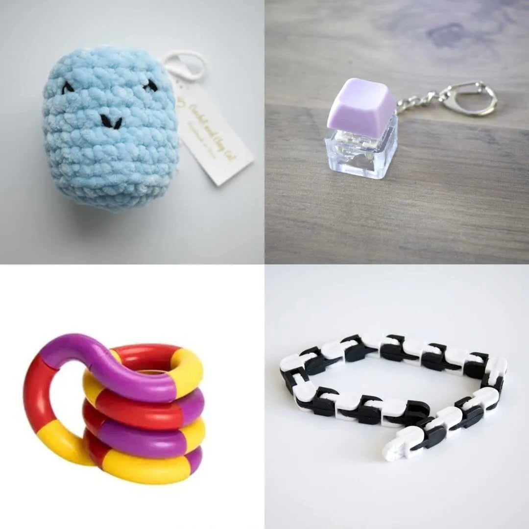 Stress Mallow by Crochet and Clay Cat + Fidgets Bundle Blue Purple Purple red yellow