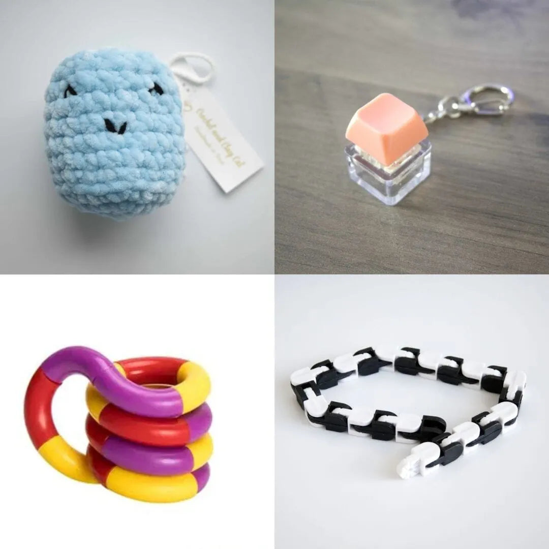 Stress Mallow by Crochet and Clay Cat + Fidgets Bundle Blue Coral Purple red yellow