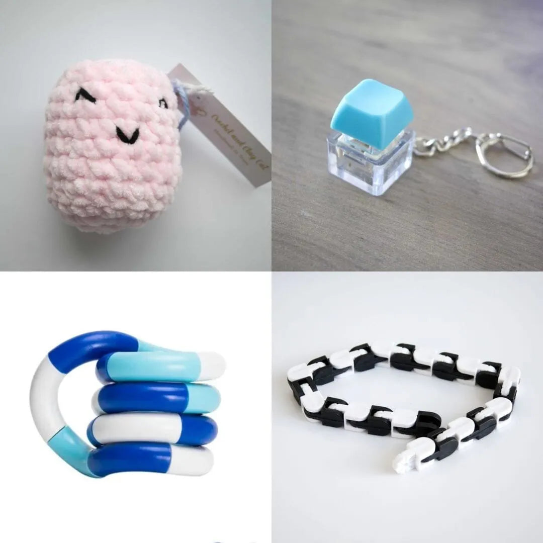 Stress Mallow by Crochet and Clay Cat + Fidgets Bundle Pink Turquoise Blue white deep blue