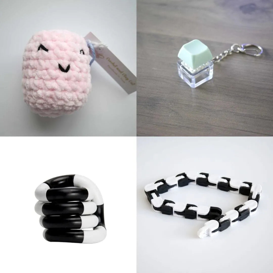 Stress Mallow by Crochet and Clay Cat + Fidgets Bundle Pink Mint Green Black and white