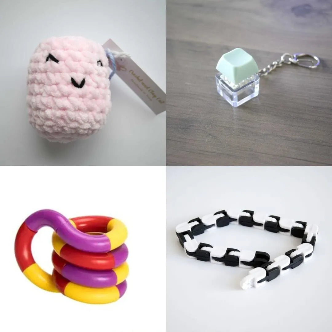 Stress Mallow by Crochet and Clay Cat + Fidgets Bundle Pink Mint Green Purple red yellow