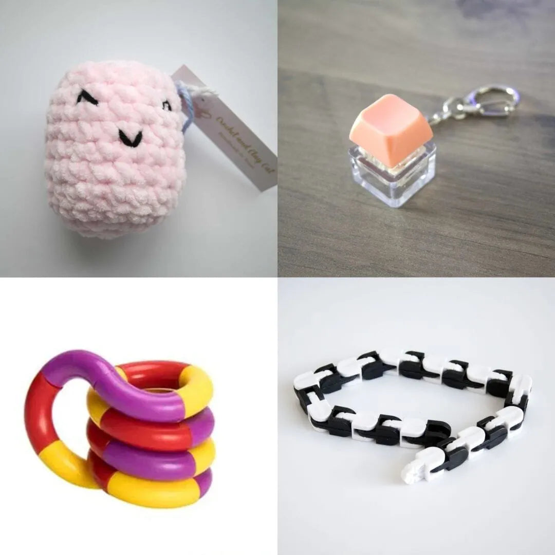 Stress Mallow by Crochet and Clay Cat + Fidgets Bundle Pink Coral Purple red yellow