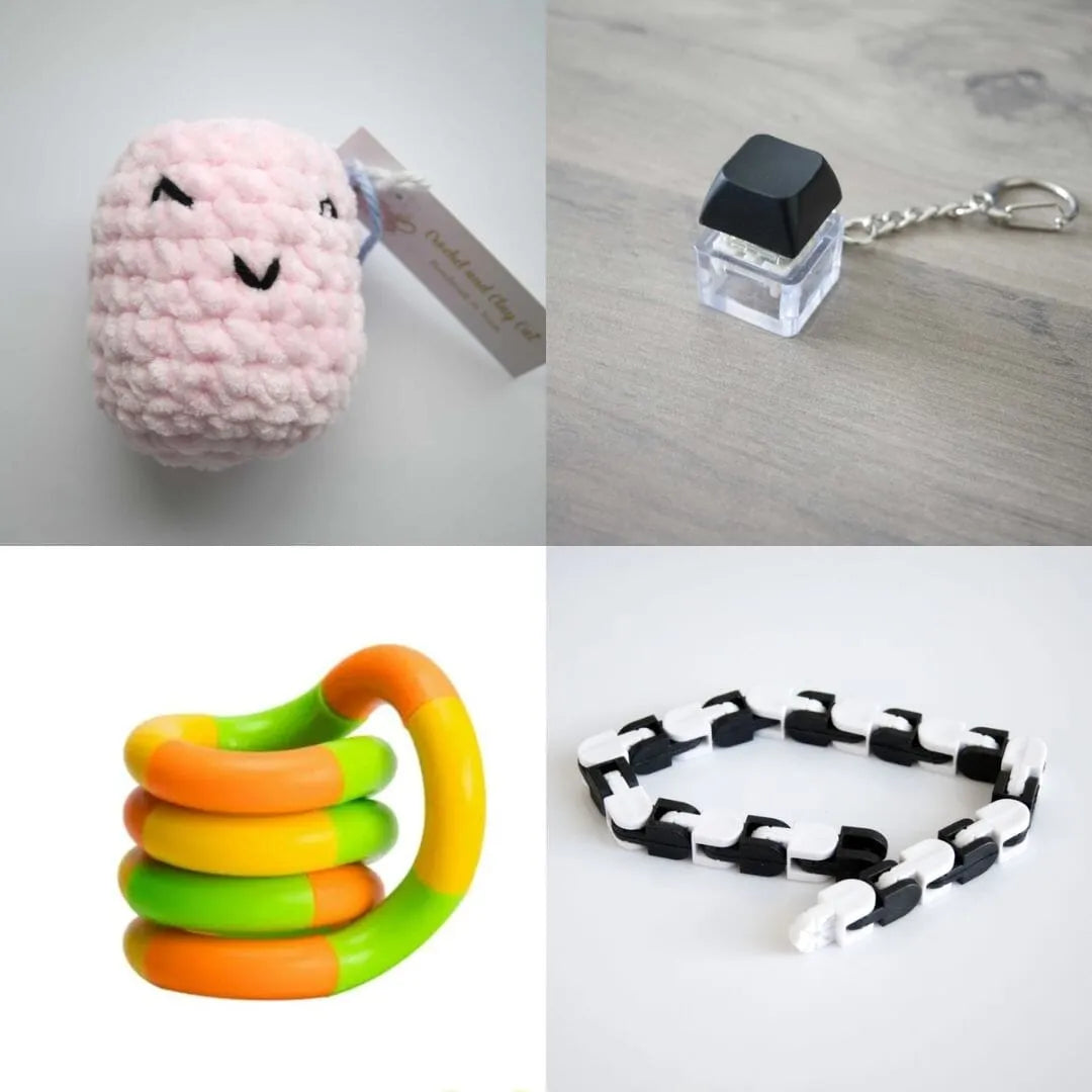 Stress Mallow by Crochet and Clay Cat + Fidgets Bundle Pink Black Green yellow orange