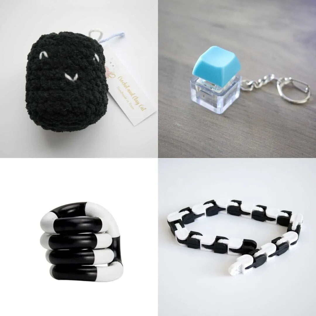 Stress Mallow by Crochet and Clay Cat + Fidgets Bundle Black Turquoise Black and white