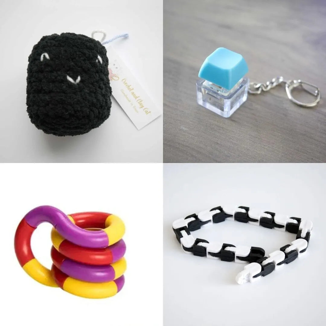 Stress Mallow by Crochet and Clay Cat + Fidgets Bundle Black Turquoise Purple red yellow