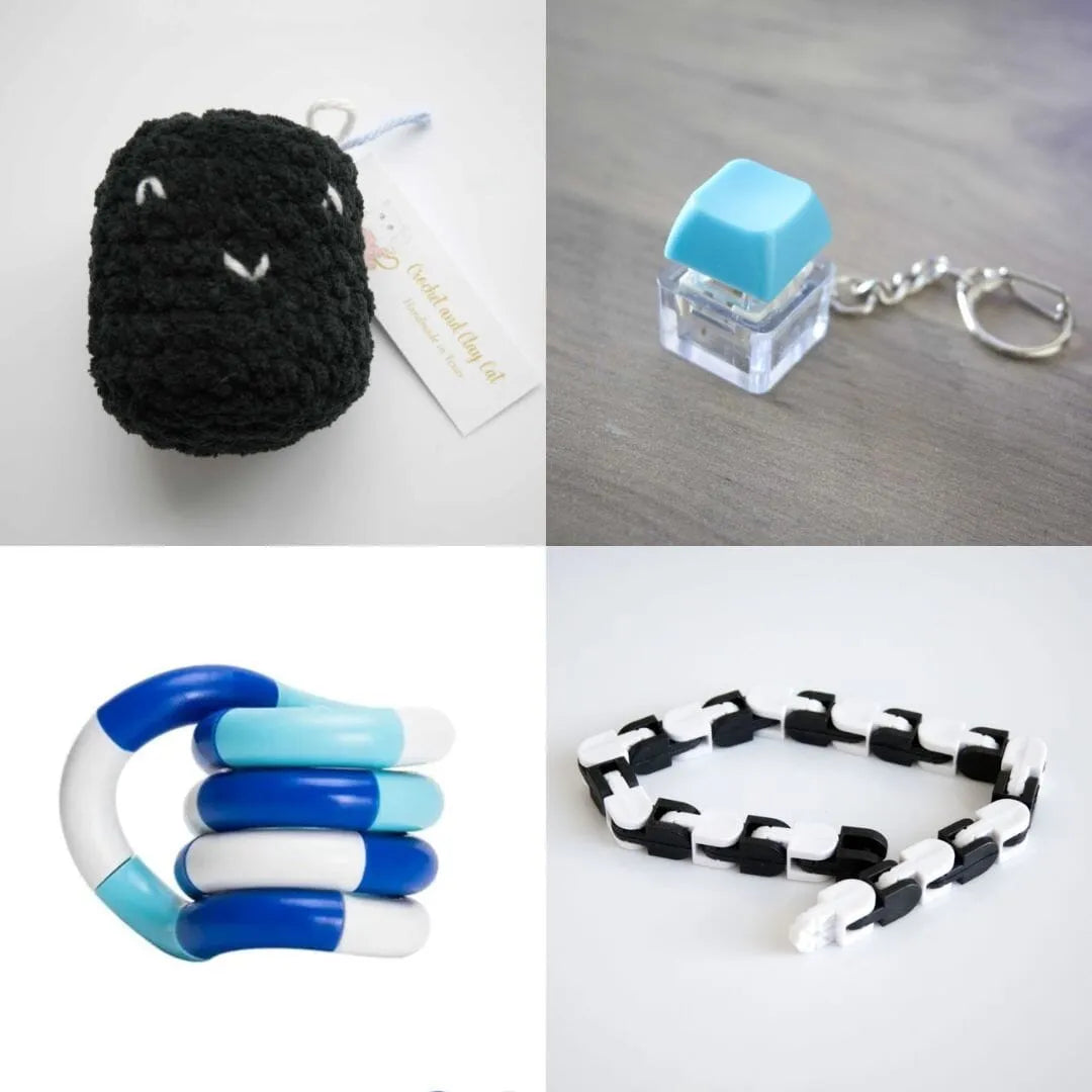 Stress Mallow by Crochet and Clay Cat + Fidgets Bundle Black Turquoise Blue white deep blue