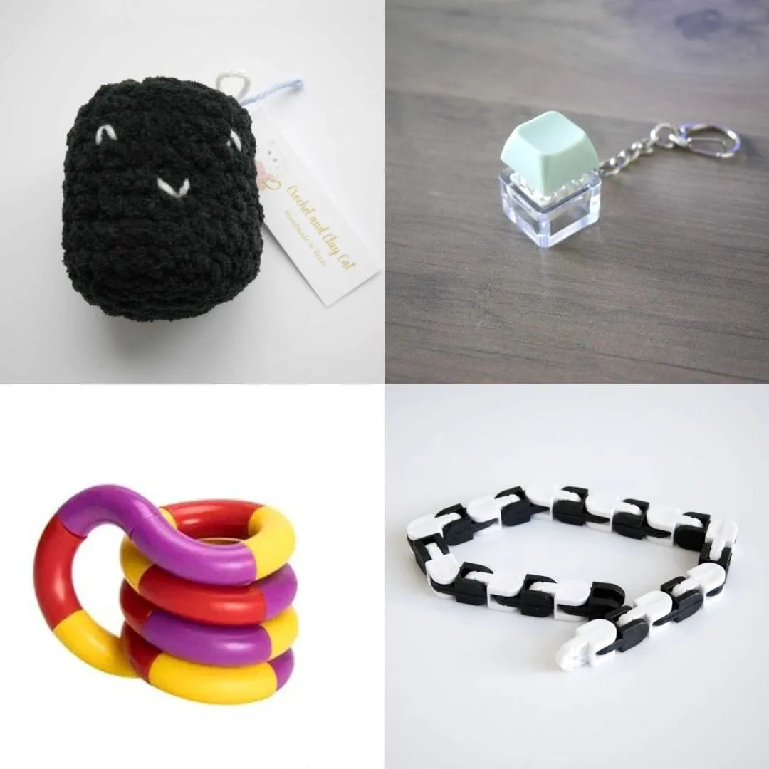 Stress Mallow by Crochet and Clay Cat + Fidgets Bundle Black Mint Green Purple red yellow