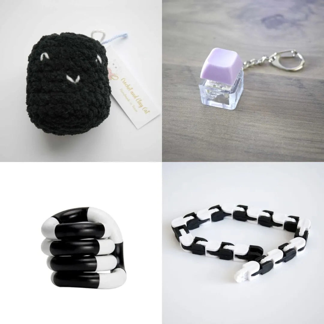 Stress Mallow by Crochet and Clay Cat + Fidgets Bundle Black Purple Black and white