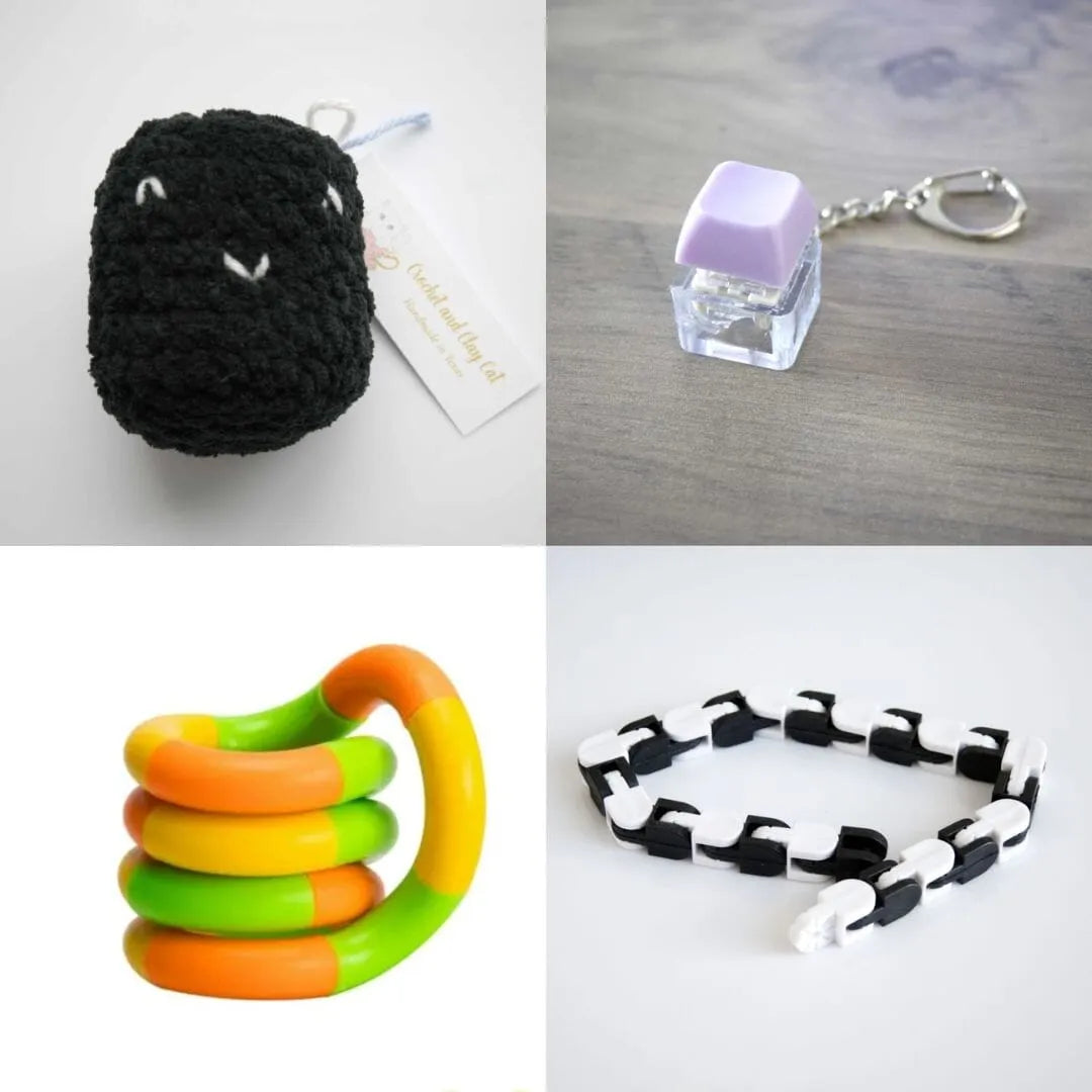 Stress Mallow by Crochet and Clay Cat + Fidgets Bundle Black Purple Green yellow orange
