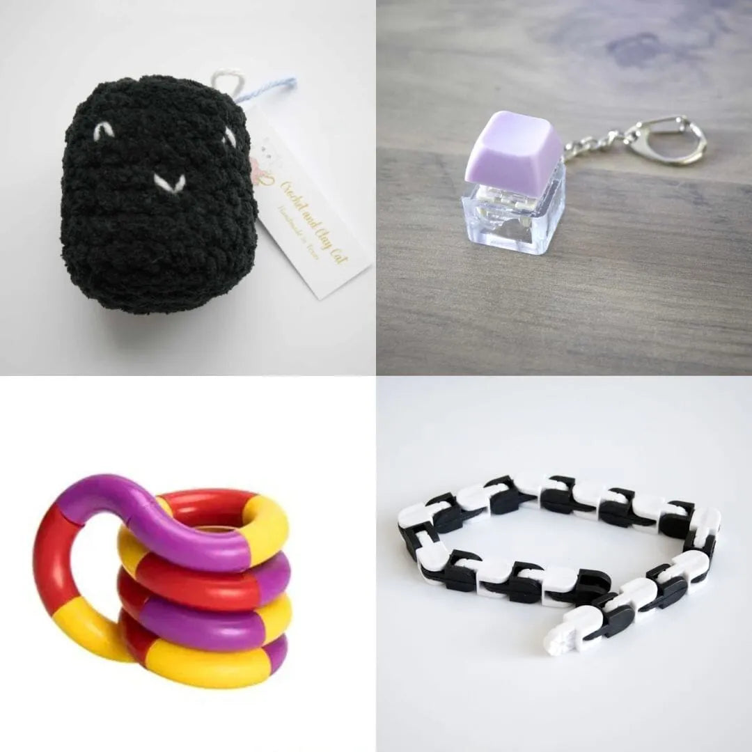 Stress Mallow by Crochet and Clay Cat + Fidgets Bundle Black Purple Purple red yellow