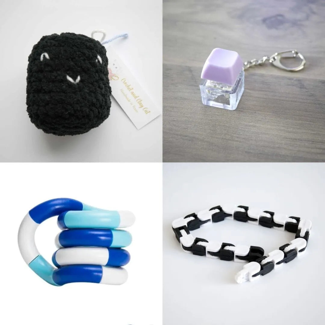 Stress Mallow by Crochet and Clay Cat + Fidgets Bundle Black Purple Blue white deep blue