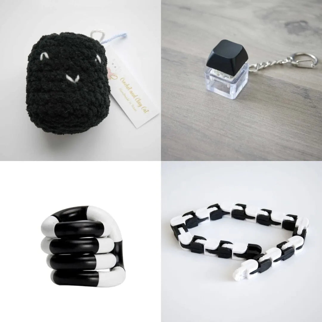 Stress Mallow by Crochet and Clay Cat + Fidgets Bundle Black Black Black and white