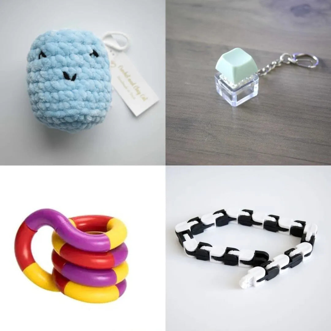 Stress Mallow by Crochet and Clay Cat + Fidgets Bundle Blue Mint Green Purple red yellow