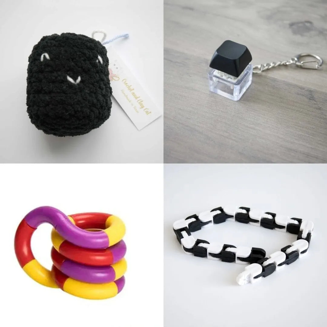 Stress Mallow by Crochet and Clay Cat + Fidgets Bundle Black Black Purple red yellow