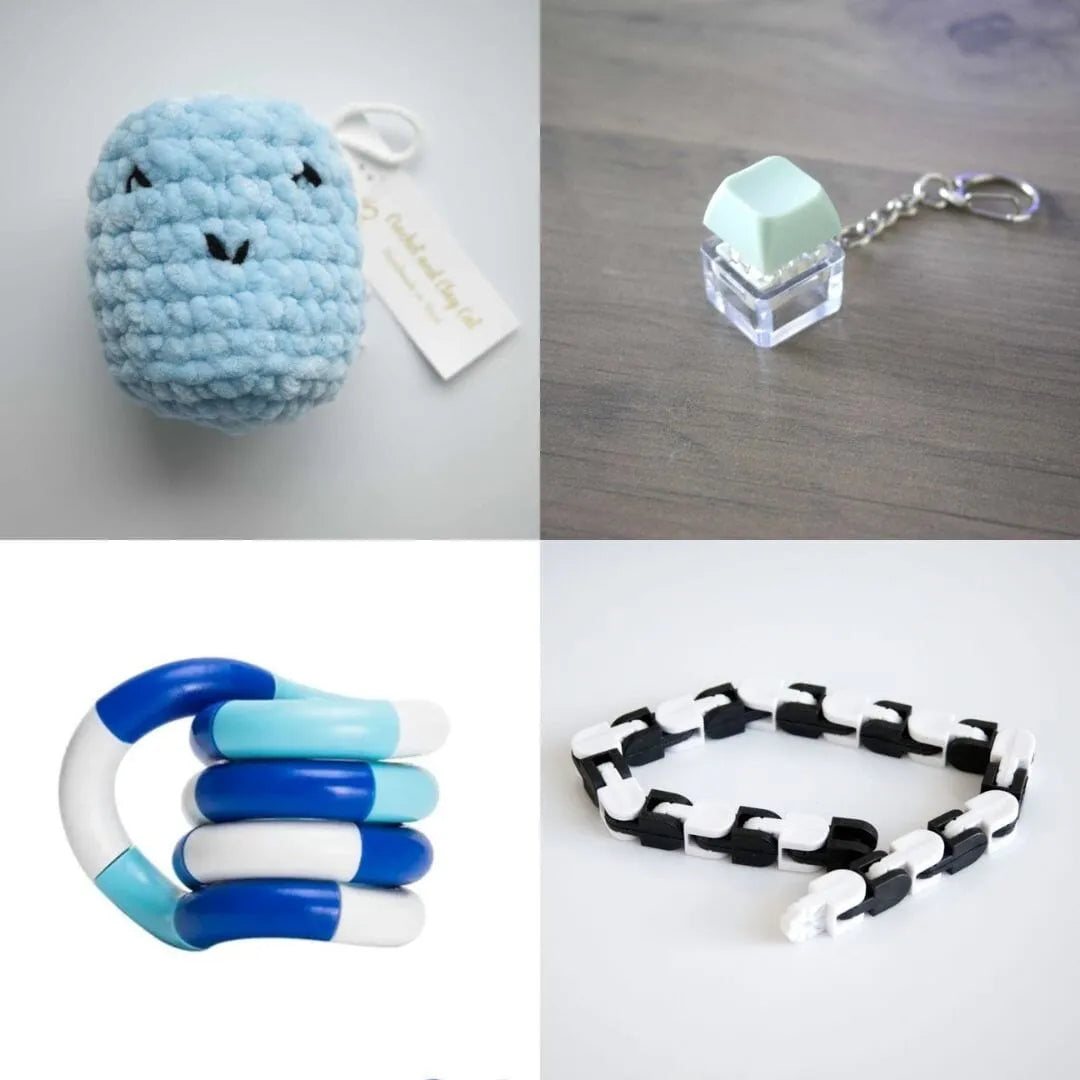 Stress Mallow by Crochet and Clay Cat + Fidgets Bundle Blue Mint Green Blue white deep blue