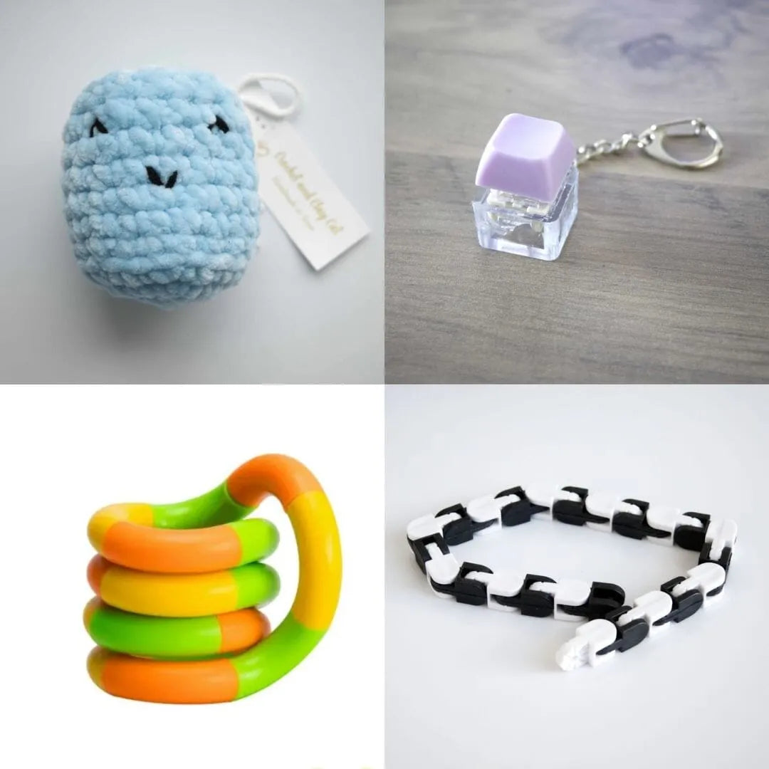 Stress Mallow by Crochet and Clay Cat + Fidgets Bundle Blue Purple Green yellow orange