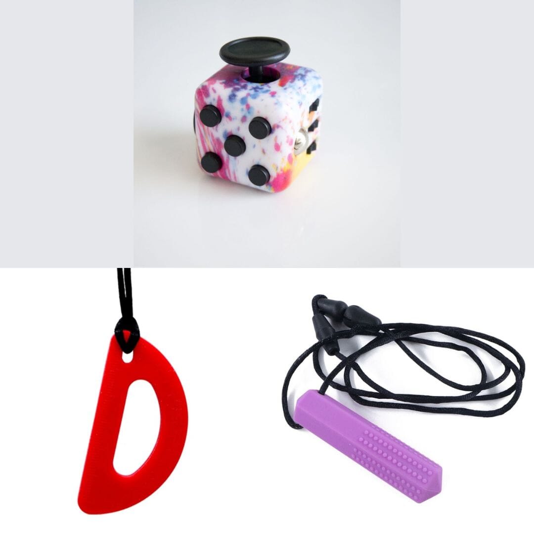 2 Chew Necklaces + 1 Push Button Fidget (choose your colors) Purple Red Paint Splatter