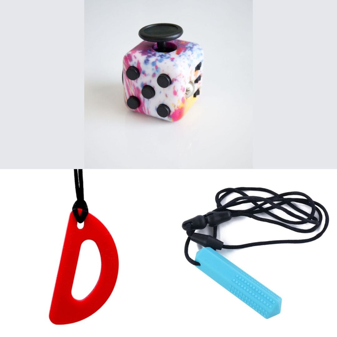 2 Chew Necklaces + 1 Push Button Fidget (choose your colors) Blue Red Paint Splatter