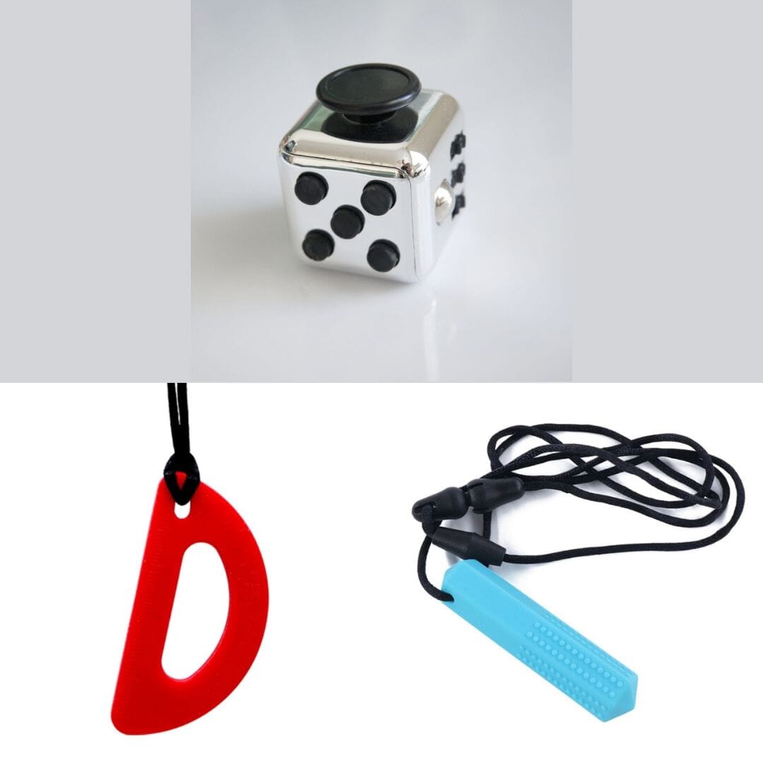 2 Chew Necklaces + 1 Push Button Fidget (choose your colors) Blue Red Metallic Silver